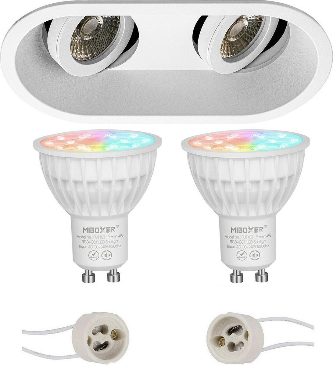 Mi-Light MiBoxer - LED Spot Set GU10 - Smart LED - Wifi LED - Slimme LED - 4W - RGB+CCT - Aanpasbare Kleur - Dimbaar - Proma Zano Pro - Inbouw Ovaal Dubbel - Mat Wit - Kantelbaar - 185x93mm