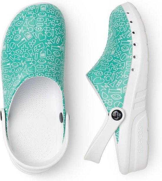 Boven- en zijaanzicht van een witte klomp met turquoise opdruk van medische symbolen.