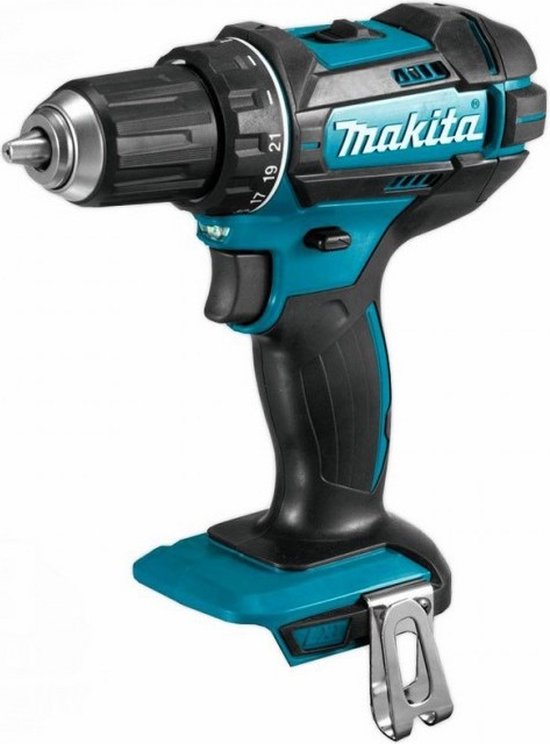 Makita DHP482 klopboormachine, zwart en turquoise, met boorkop en instelring op de voorgrond.