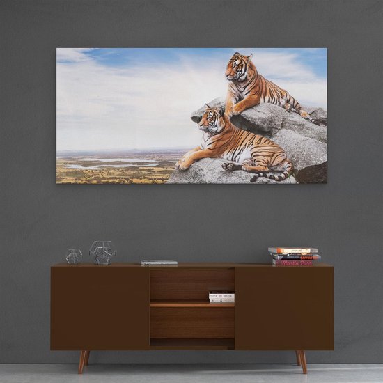 Artaza - Peinture sur toile - Deux tigres sur des rochers avec le ciel bleu - 120 x 60 - Groot - Photo sur toile - Impression sur toile