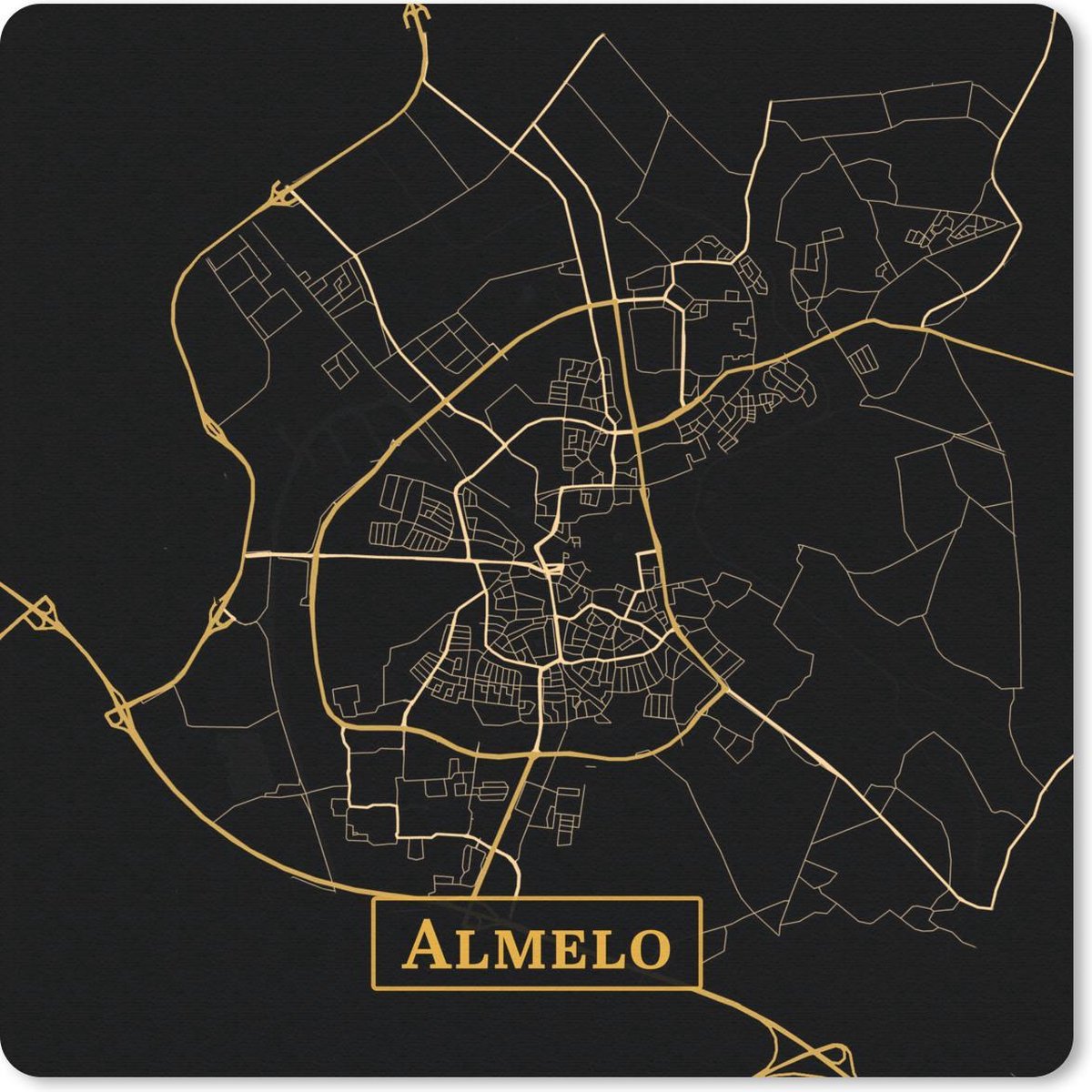 Muismat 30x30 cm - Mousepad Kaart - Almelo - Zwart - Goud - Muismatten