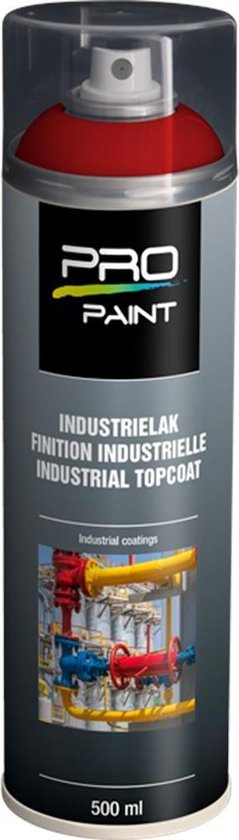 Spuitbus Pro-Paint Industrielak met rode dop. De bus toont de tekst "Industrielak Finition Industrielle Industrial Topcoat" en een afbeelding van industriële pijpleidingen.