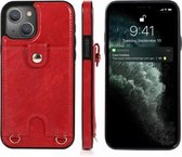Schokbestendig PU-leer + TPU-beschermhoes met kaartsleuf en lanyard voor iPhone 13 Pro (rood)