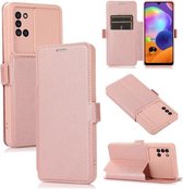 Duwvenster dubbele gesp PU + siliconen horizontale flip lederen tas met houder en kaartsleuf voor Samsung Galaxy A31 (roségoud)