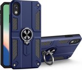 Koolstofvezelpatroon PC + TPU-beschermhoes met ringhouder voor iPhone XR (saffierblauw)