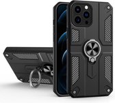 Koolstofvezelpatroon PC + TPU-beschermhoes met ringhouder voor iPhone 13 Pro Max (zwart)