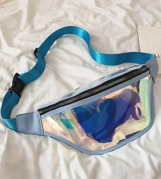 KIMU Grote Transparante Iridescent Heuptas Blauw Holografisch Fanny Pack Lichtblauw Festival