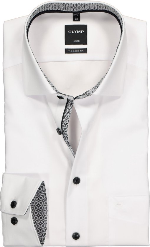 OLYMP Luxor modern fit overhemd - wit (zwart contrast) - Strijkvrij - Boordmaat: 44