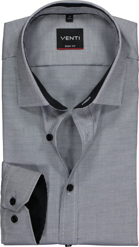 VENTI body fit overhemd - zwart met wit en grijs structuur (contrast) - Strijkvriendelijk - Boordmaat: 44