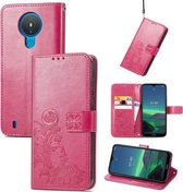 Voor Nokia 1.4 Vier-blad sluiting Reliëf Gesp Mobiele Telefoon Bescherming Lederen Case met Lanyard & Card Slot & Portemonnee & Beugel Functie (Magenta)