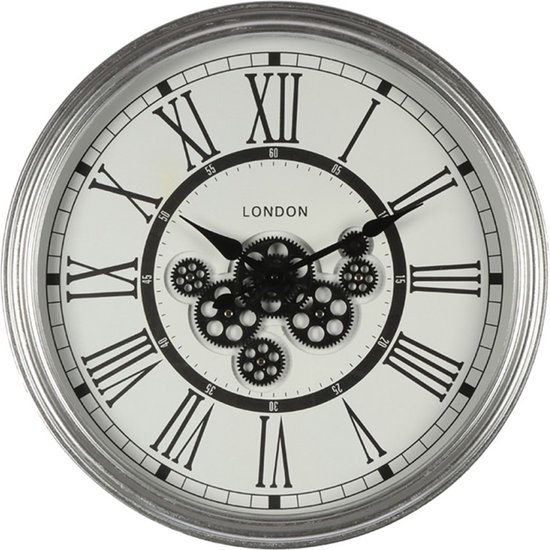 HAES DECO - Grande Horloge Murale 60 cm Argenté avec Zwart - Horloge Radar à Engrenages Tournants - Klok en Métal et Bois - Cadran avec Chiffres Romains - Horloge Murale Ronde Horloge à Suspendre Horloge de Cuisine