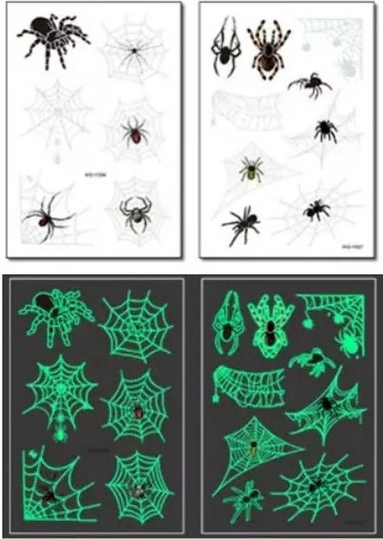 Verschillende zwarte en glow-in-the-dark spinnen en spinnenwebben op twee vellen.