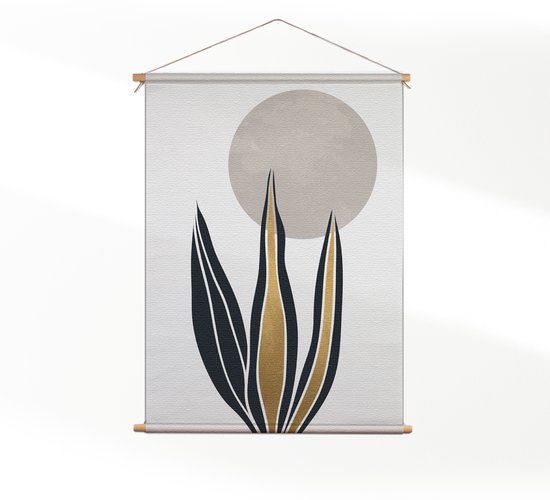 Textielposter Blad met Goud en Zilvere Elementen L (85 X 60 CM) - Wandkleed - Wanddoek - Wanddecoratie