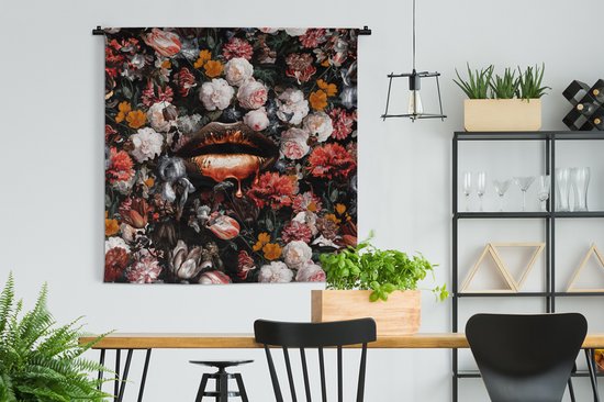 Wandkleed - Wanddoek - Lippen - Bloemen - Verf - Oranje - Kunst - Abstract - Oude meesters - 120x120 cm - Wandtapijt