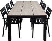 7-delige tuinset | 6 Delia stapelbare tuinstoelen (Black) | 225cm Cyprus tuintafel (Wood)