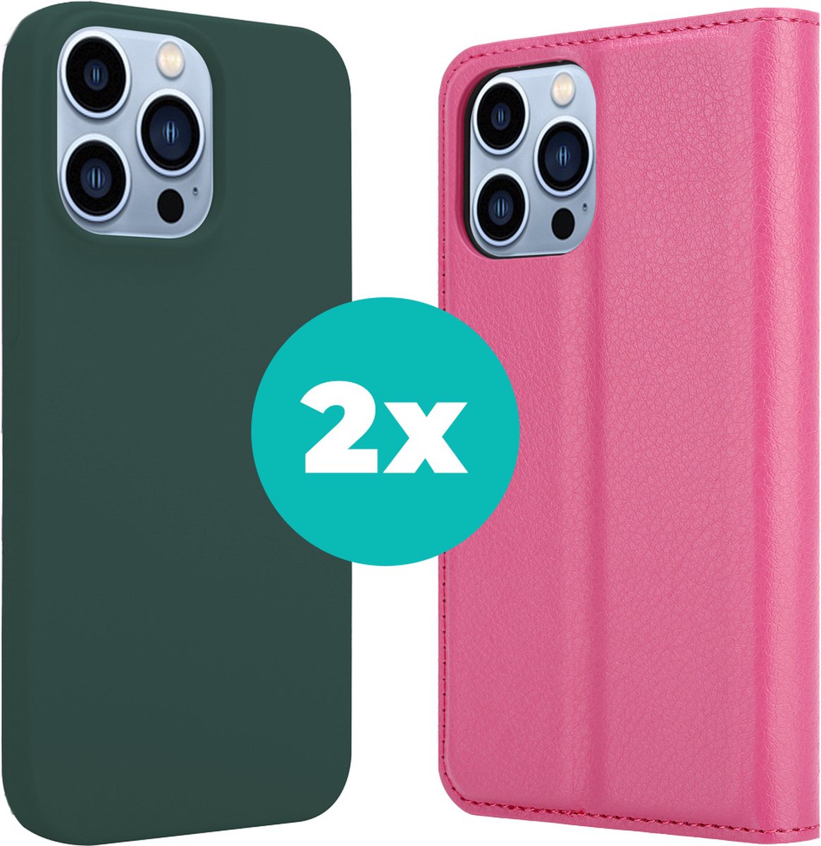 Hoesje geschikt voor iPhone 14 Pro hoesje case - Bundel van 2 iPhone Pro 14 hoesjes - Hoogwaardige Hoesje geschikt voor iPhone 14 Bookcase en Silicone case - Bundel van Roze en Donkergroen hoesje