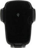 Zwarte draadloze Qi snellader telefoonhouder, met 'QI' logo.
