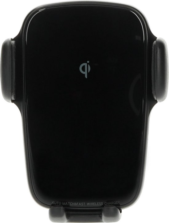 Zwarte draadloze Qi snellader telefoonhouder, met 'QI' logo.