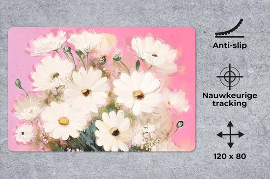 Muismat XXL 120x80 cm - Bureau onderlegger - Bureau mat Bloemen - Vaas - Planten - Wit - Bureaumat - Gaming mousepad xl - Bureaulegger groot - Computer deskmat
