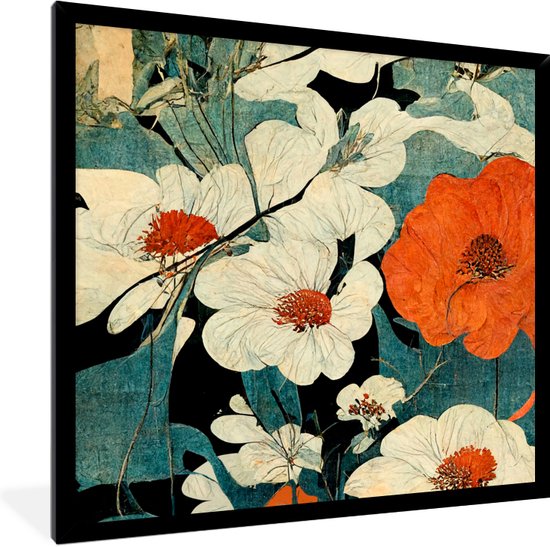 Fotolijst incl. Poster - Bloemen - Planten - Vintage - Azië - Oranje - 40x40 cm - Posterlijst