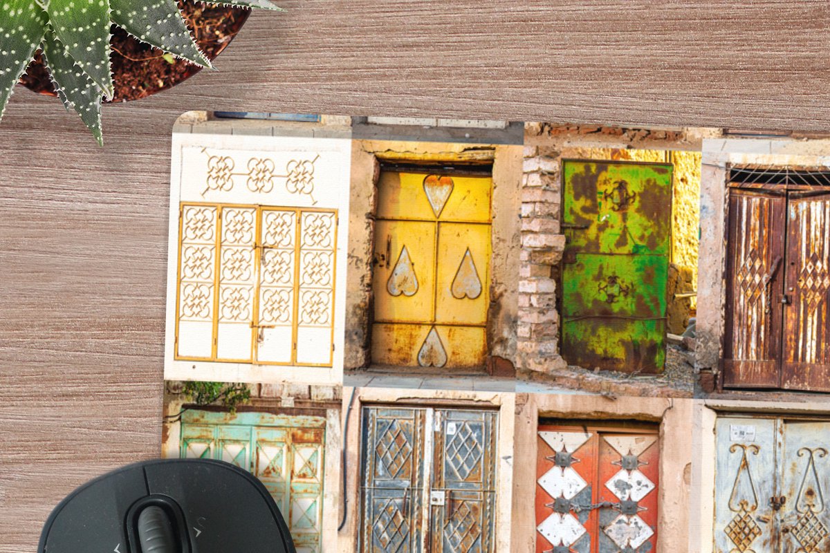 Muismat XXL 120x60 cm - Bureau onderlegger - Bureau mat Deuren - Architectuur - Vintage - Collage - Bureaumat - Gaming mousepad xl - Bureaulegger groot - Computer deskmat