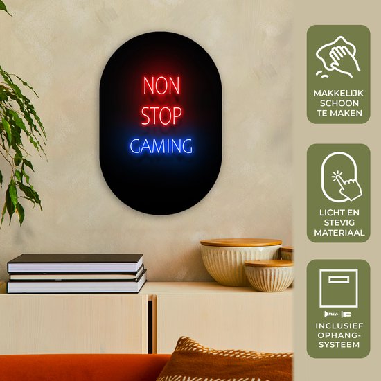 Muurovaal - Wandovaal - Kunststof Wanddecoratie - Ovalen Schilderij - Tekst - Gaming - Non stop gaming - Neon - Zwart - 40x60 cm - Ovale spiegel vorm op kunststof
