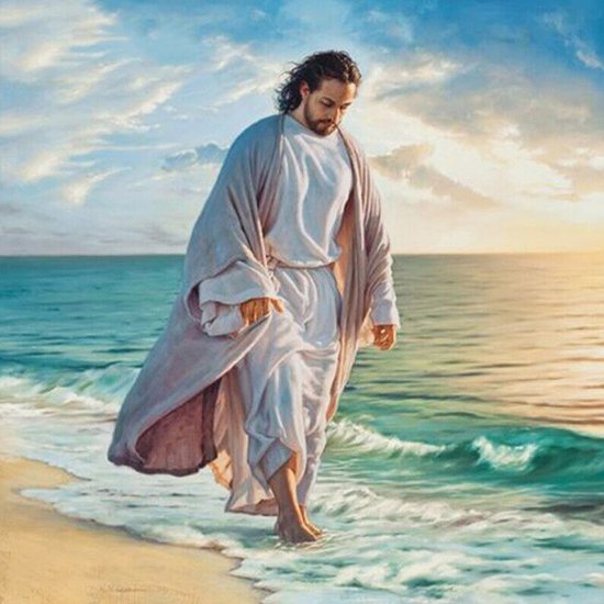 Allernieuwste.nl® Canvas Schilderij Jezus aan de Zee - Kunst aan je Muur - Religieus - 40 x 40 cm
