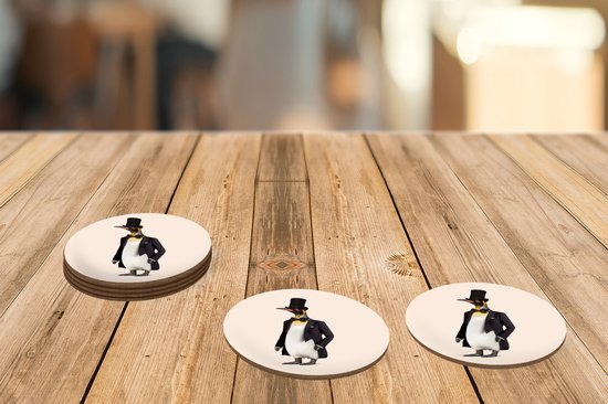 Sous-verres pour verres - Rond - Pingouin - Animal - Chapeau - Zwart - 10x10 cm - Sous-verres en verre - 6 pièces