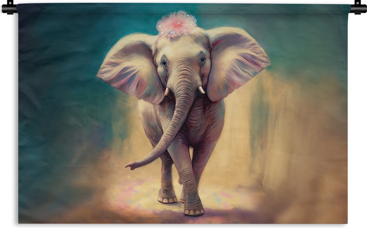 Wandkleed - Wanddoek - Olifant - Dieren - Verf - Bloemen - Portret - Kinderen - 120x80 cm 