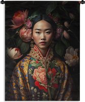 Wandkleed - Wanddoek - Vrouw - Asian - Kimono - Bloemen - Portret - 120x160 cm - Wandtapijt