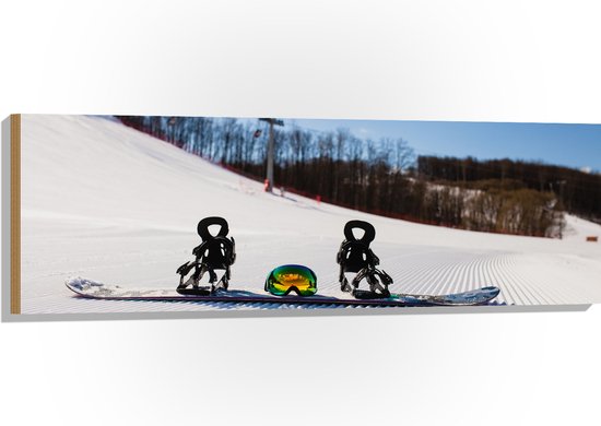 Hout - Snowboard met Bril op Perfect Wintersport Landschap - 120x40 cm - 9 mm dik - Foto op Hout (Met Ophangsysteem)