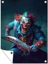 Tuinposter - Tuindoek - Tuinposters buiten - Clown - Horror - Mes - Kleding - Portret - 90x120 cm - Tuin