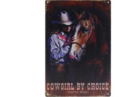 Wandbord – Cowgirl - Cowboy - Paard - Retro - Wanddecoratie – Reclame bord – Restaurant – Kroeg - Bar – Cafe - Horeca – Metal Sign – 20x30cm