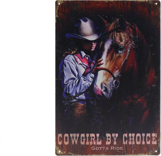 Wandbord – Cowgirl - Cowboy - Paard - Retro - Wanddecoratie – Reclame bord – Restaurant – Kroeg - Bar – Cafe - Horeca – Metal Sign – 20x30cm
