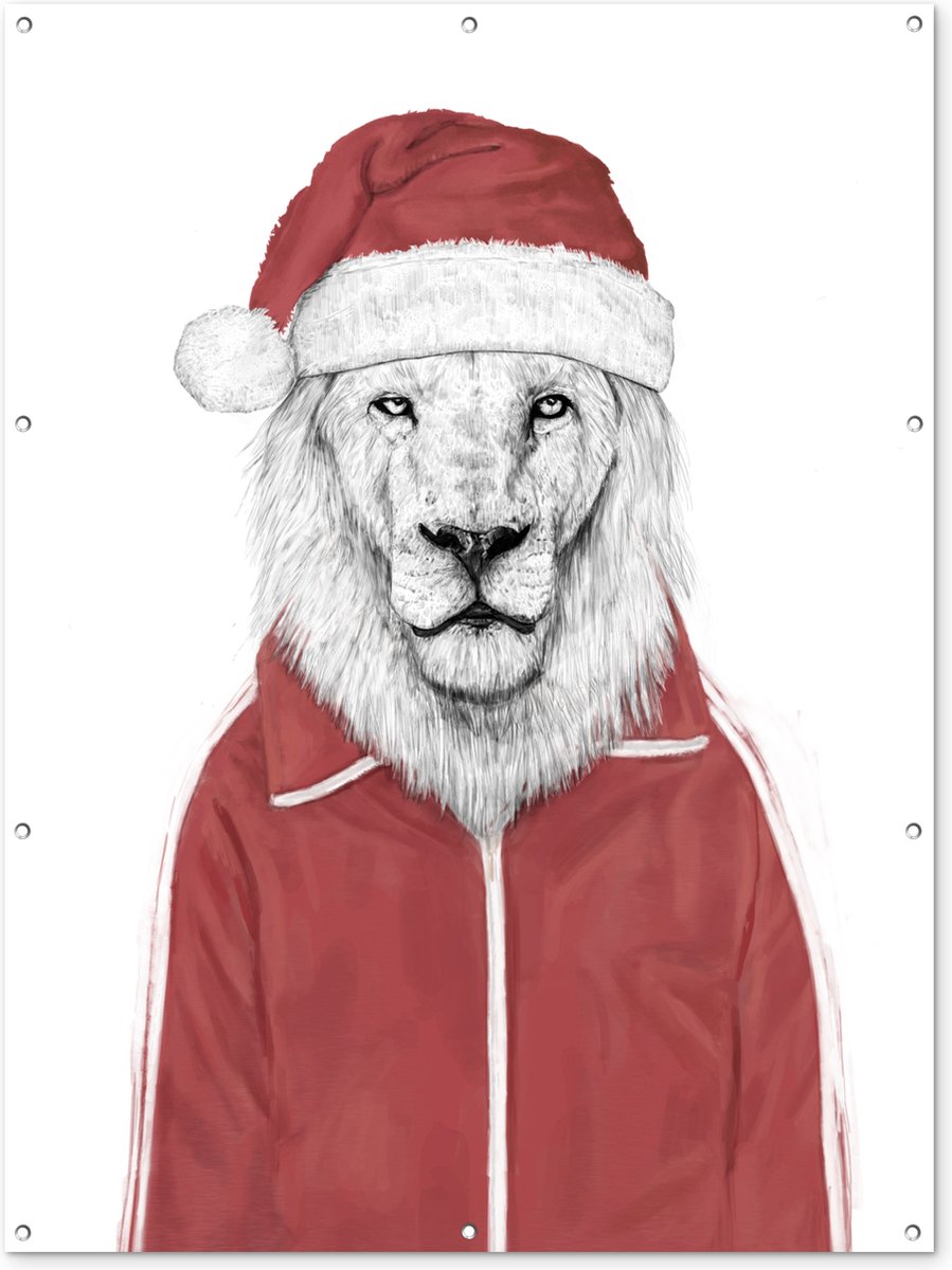 Muurdecoratie buiten Leeuw - Vest - Kerstmuts - Wit - 120x160 cm - Tuindoek - Buitenposter