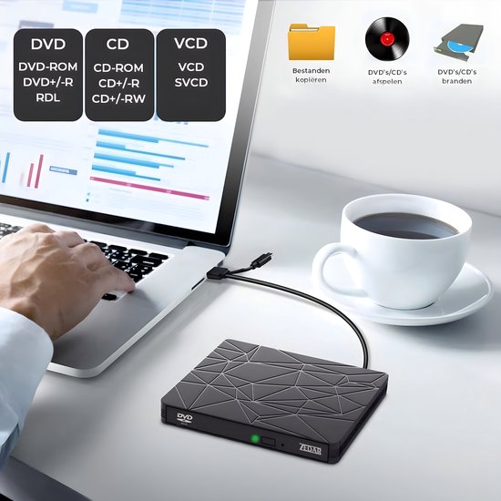 Externe DVD Speler & Brander - DVD/CD Drive voor Laptop & Macbook - Data & Voeding Via USB 3.0 of USB C van Zedar - Zedar