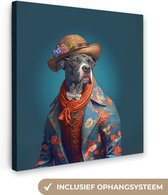 Canvas Schilderij Hond - Colbert - Bloemen - Hoed - Blauw - 50x50 cm - Wanddecoratie