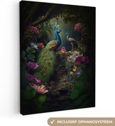 Canvas Schilderij Pauw - Bloemen - Vogels - Jungle - 60x80 cm - Wanddecoratie