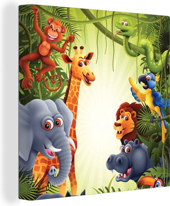 Canvas Schilderij Jungle - Jongens - Meiden - Baby - Olifant - Leeuw - Giraf - 90x90 cm - Wanddecoratie