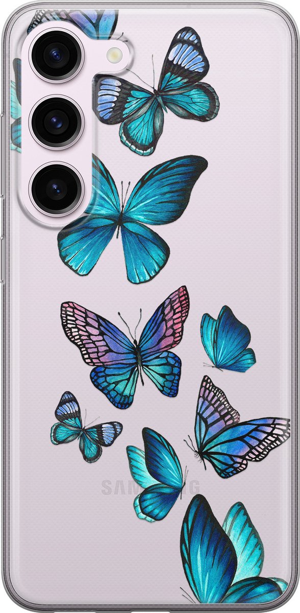 Samsung Galaxy S23 hoesje siliconen - Vlinders blauw - Soft Case Telefoonhoesje - Print / Illustratie - Transparant, Blauw