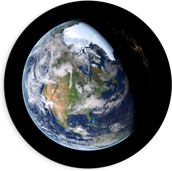 Dibond Muurcirkel - Licht en Donker op Aarde in het Heelal - 90x90 cm Foto op Aluminium Muurcirkel (met ophangsysteem)