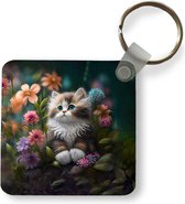 Sleutelhanger - Uitdeelcadeautjes - Kitten - Illustratie - Bloemen - Natuur - Kat - Plastic