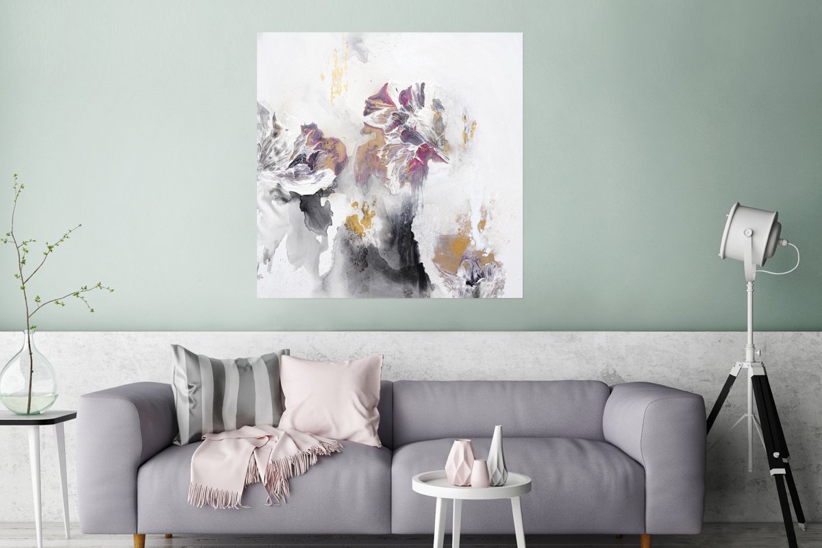Poster Verf - Kleuren - Wit - Abstract- Goud - 75x75 cm