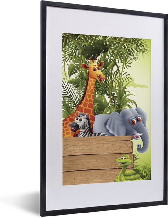 Fotolijst incl. Poster - Jungle dieren - Natuur - Planken - Kinderen - Giraffe - 40x60 cm - Posterlijst