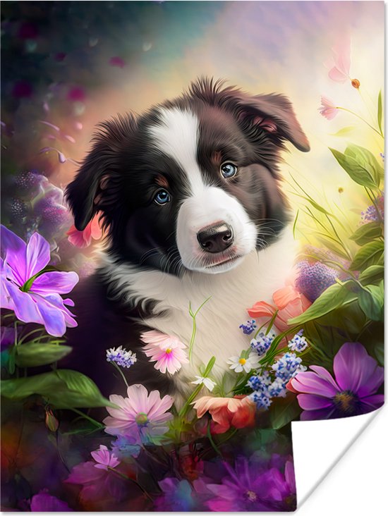 Poster Puppy - Zon - Bloemen - Natuur - Bordercollie - Hond - 30x40 cm - Cadeau meisje 7 jaar
