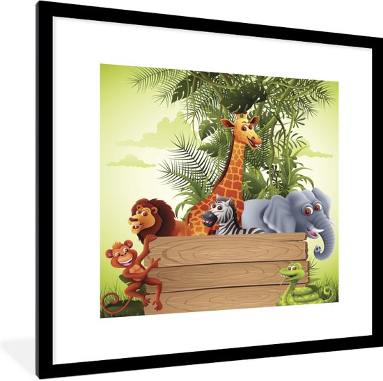 Fotolijst incl. Poster - Jungle dieren - Natuur - Planken - Kinderen - Giraffe - 40x40 cm - Posterlijst