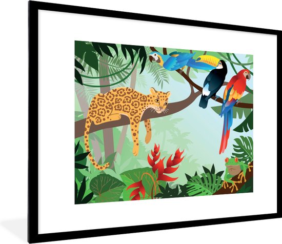 Fotolijst incl. Poster - Jungle dieren - Toekan - Jongens - Meiden - Luipaard - 80x60 cm - Posterlijst