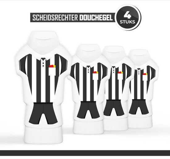 Foto: Douchegel scheidsrechter 4 stuks cadeau week van de scheidsrechters showergel sport bedankje scheids voetbal volleybal cadeautje scheidsrechters douchegel set bedankt tenue wedstrijd toernooi rode gele kaart shirt zwart wit