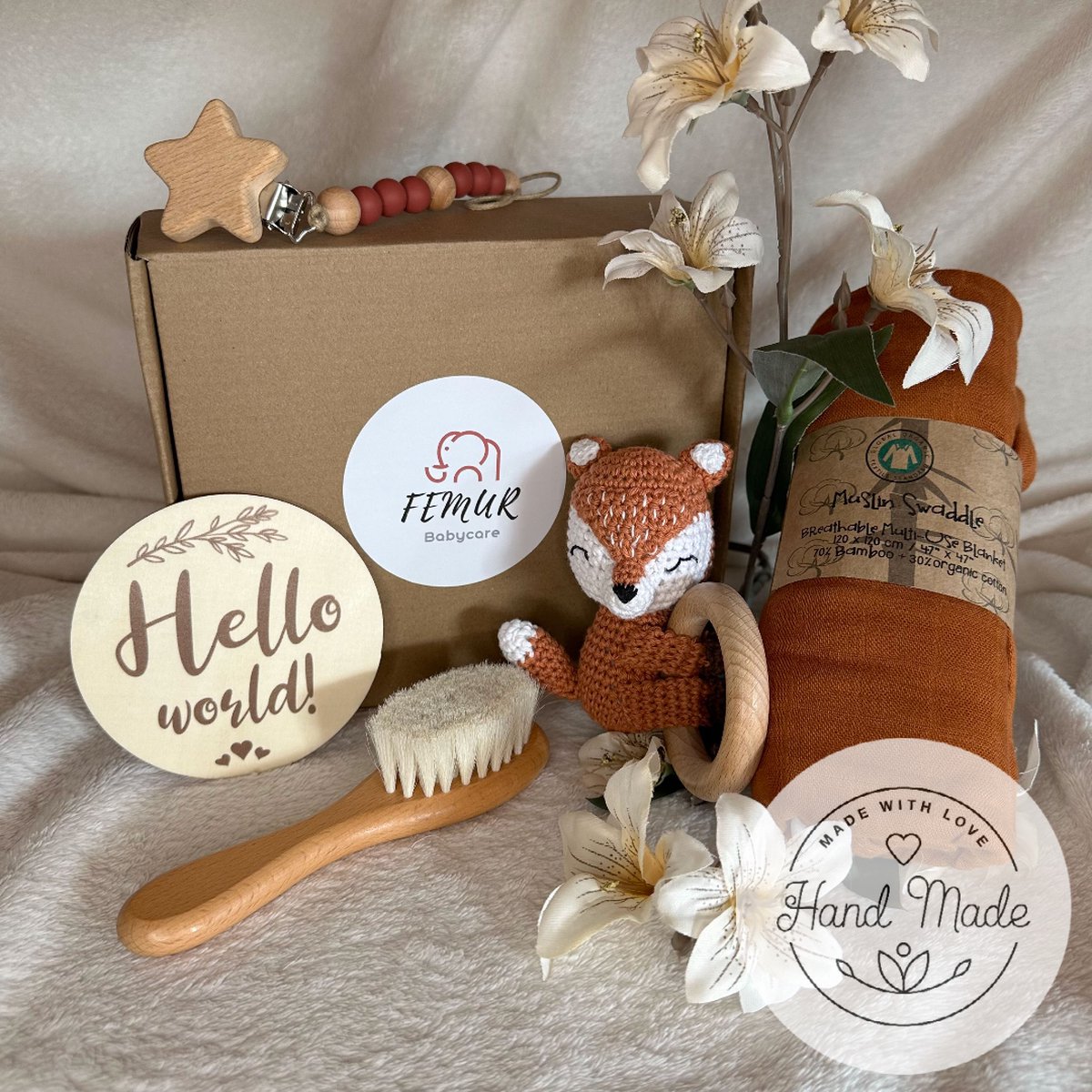 Baby Geboorte Set – Baby Speelgoed – New Born Set – Geschenk Set - Kraamcadeau – Babyshower – Gender Reveal Party - Bijtring – Handgemaakt – Natuurlijke Materialen – Speenkoord - Vos