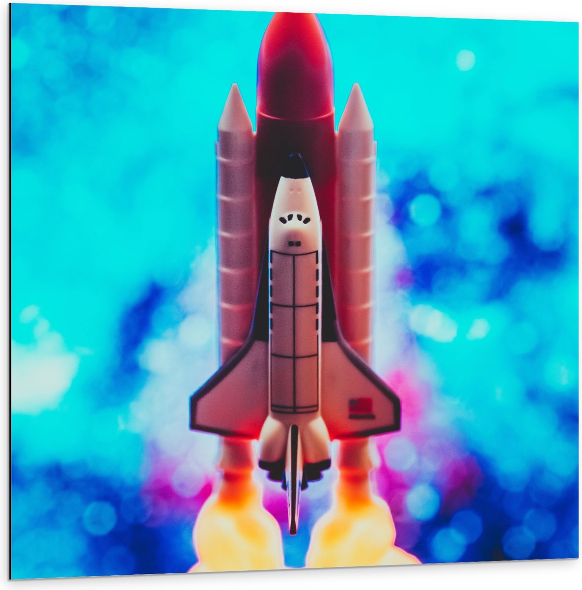 Dibond - Speelgoed Raket met Start Rook - 100x100 cm Foto op Aluminium (Met Ophangsysteem)